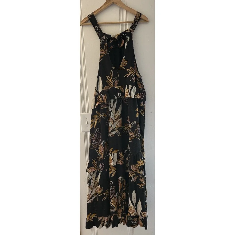 Free People Black Floral Tiered Halter Midi Dress Boho‎ Ruffle Size XS